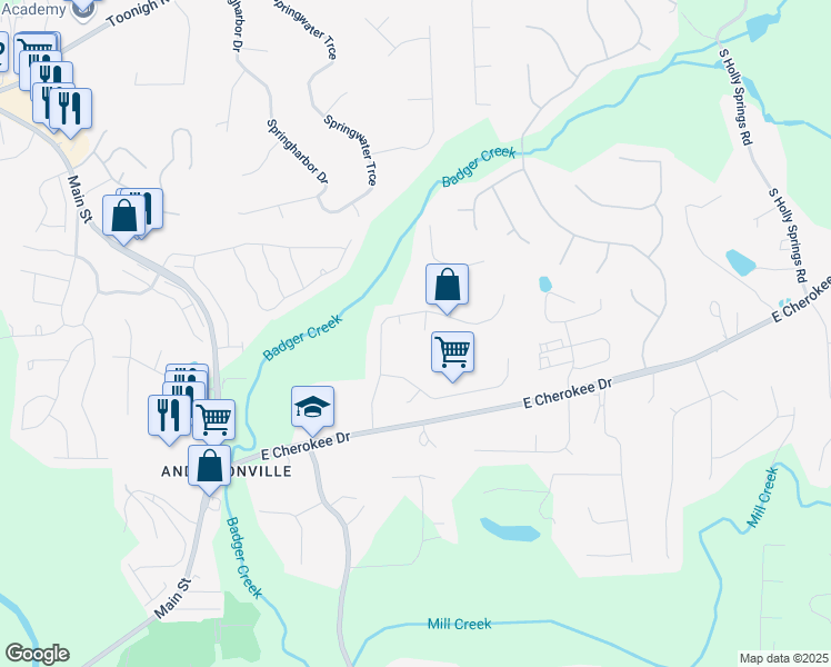 map of restaurants, bars, coffee shops, grocery stores, and more near 402 Hancock Court in Woodstock