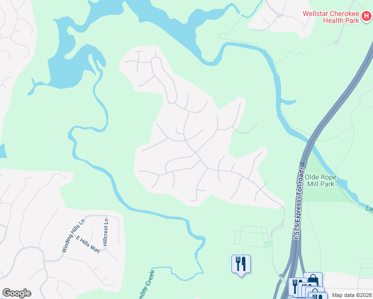 map of restaurants, bars, coffee shops, grocery stores, and more near 559 Ashland Parkway in Woodstock