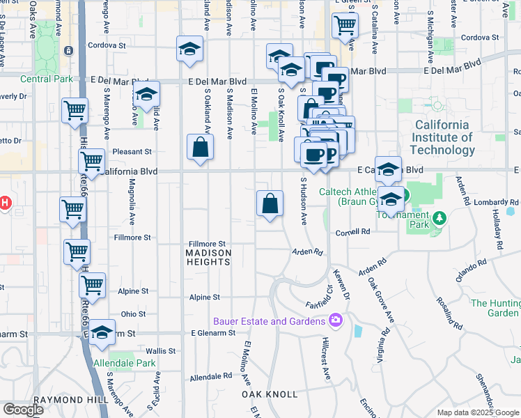 map of restaurants, bars, coffee shops, grocery stores, and more near 692 South El Molino Avenue in Pasadena