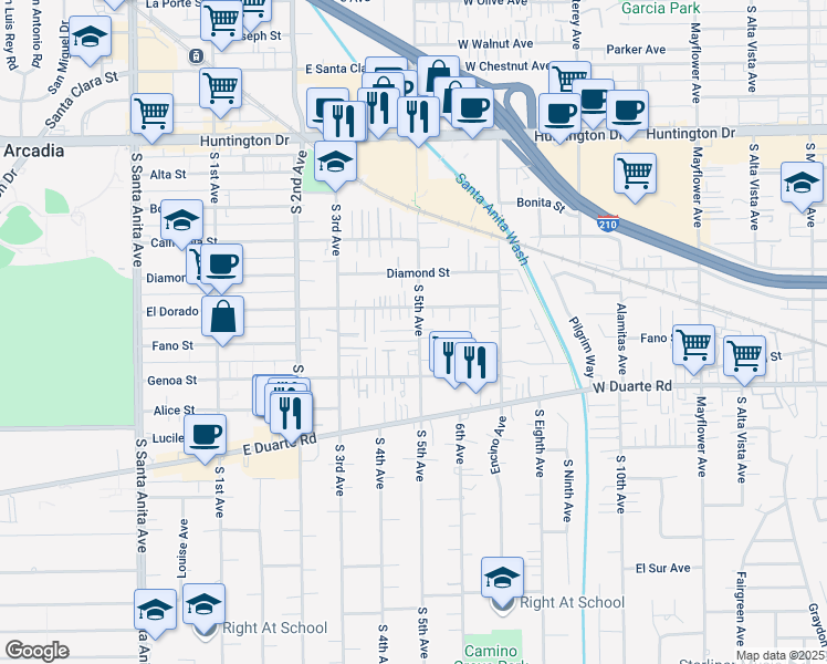 map of restaurants, bars, coffee shops, grocery stores, and more near 517 Fifth Avenue in Arcadia