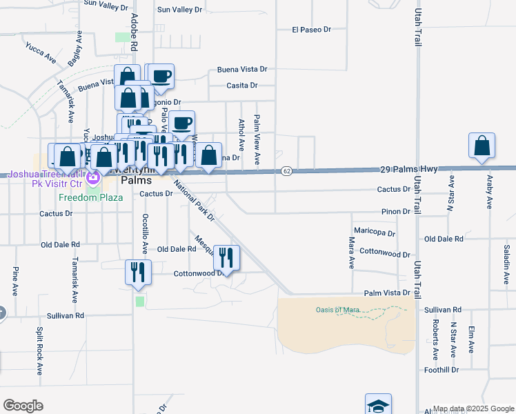 map of restaurants, bars, coffee shops, grocery stores, and more near 74052 Pinon Drive in Twentynine Palms