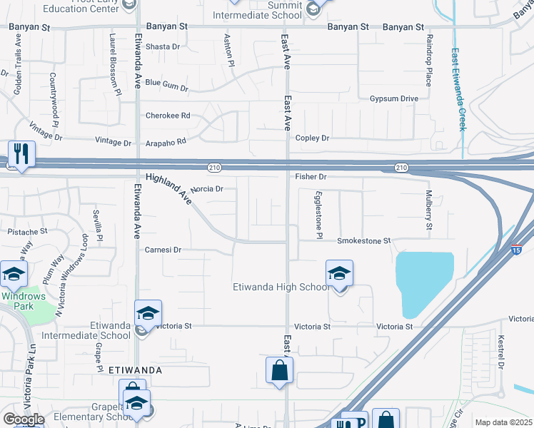 map of restaurants, bars, coffee shops, grocery stores, and more near 6612 Pear Avenue in Rancho Cucamonga