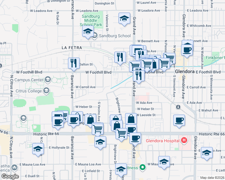 map of restaurants, bars, coffee shops, grocery stores, and more near 661 West Lochleven Street in Glendora