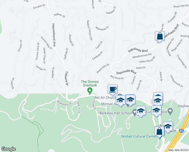 map of restaurants, bars, coffee shops, grocery stores, and more near 16405 Royal Hills Drive in Los Angeles
