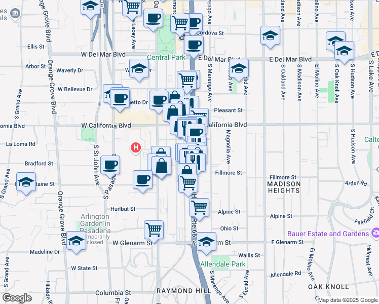 map of restaurants, bars, coffee shops, grocery stores, and more near in Pasadena