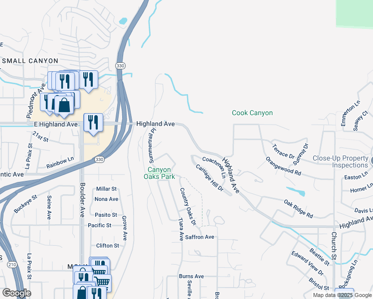 map of restaurants, bars, coffee shops, grocery stores, and more near 28350 Highland Avenue in Highland