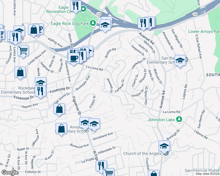 map of restaurants, bars, coffee shops, grocery stores, and more near 1770 Kaweah Drive in Pasadena