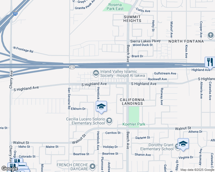 map of restaurants, bars, coffee shops, grocery stores, and more near 15264 Rosewood Circle in Fontana