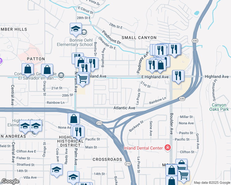 map of restaurants, bars, coffee shops, grocery stores, and more near 3850 Atlantic Avenue in Highland