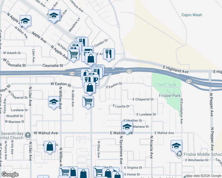 map of restaurants, bars, coffee shops, grocery stores, and more near 1869 North Date Avenue in Rialto