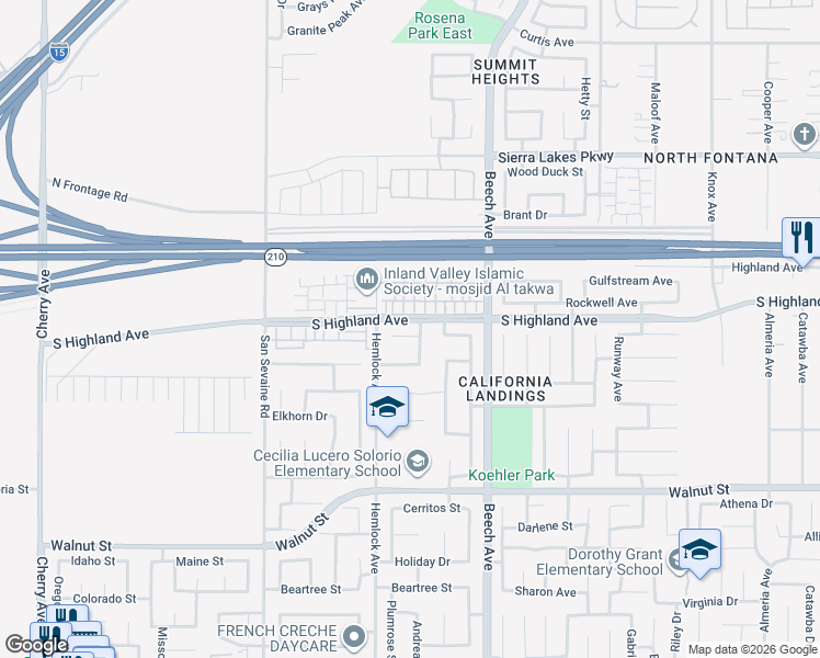map of restaurants, bars, coffee shops, grocery stores, and more near 15264 Rosewood Circle in Fontana