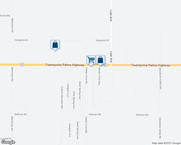 map of restaurants, bars, coffee shops, grocery stores, and more near 6555 Indian Cove Road in Twentynine Palms