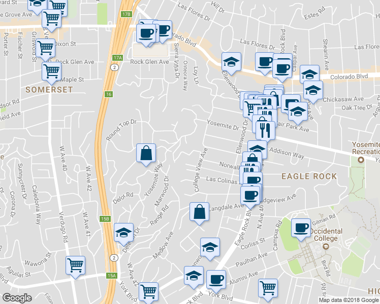 map of restaurants, bars, coffee shops, grocery stores, and more near 2447 Norwalk Avenue in Los Angeles