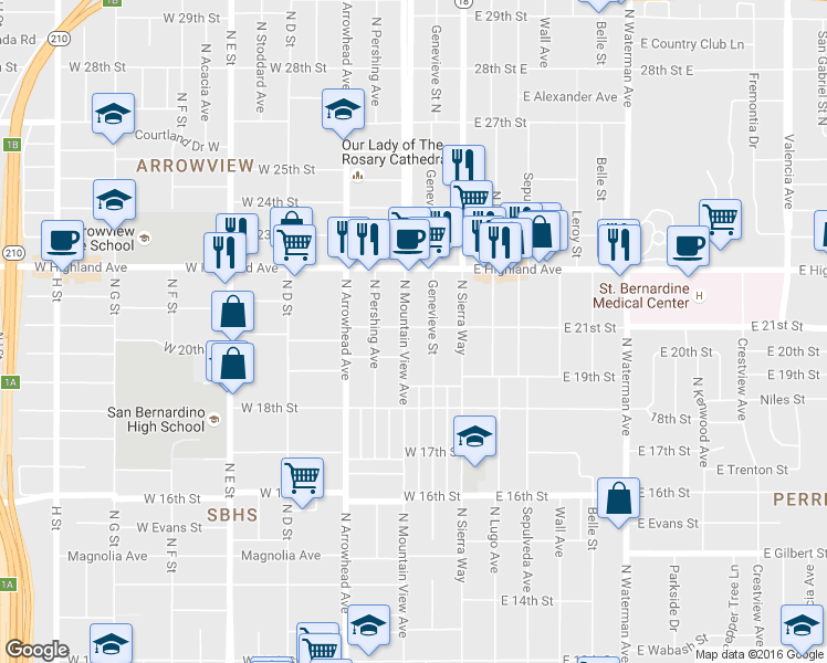 map of restaurants, bars, coffee shops, grocery stores, and more near 2095 North Mountain View Avenue in San Bernardino