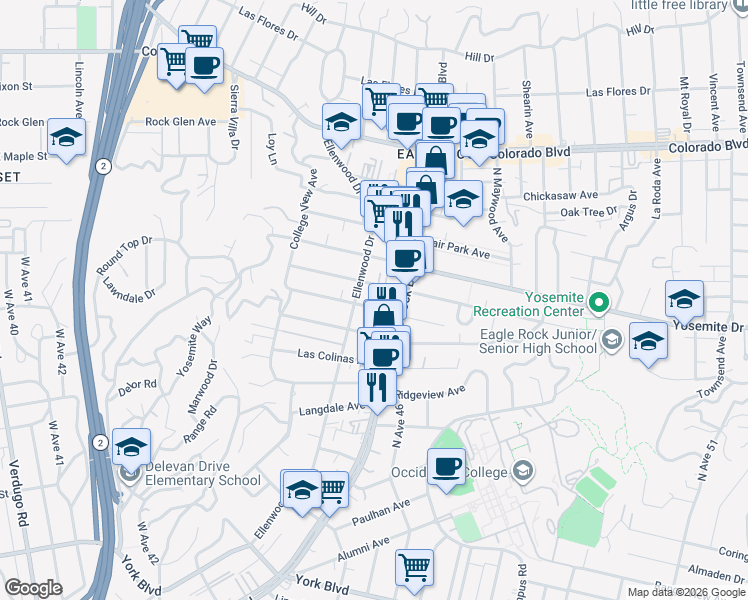 map of restaurants, bars, coffee shops, grocery stores, and more near 2223 Laverna Avenue in Los Angeles