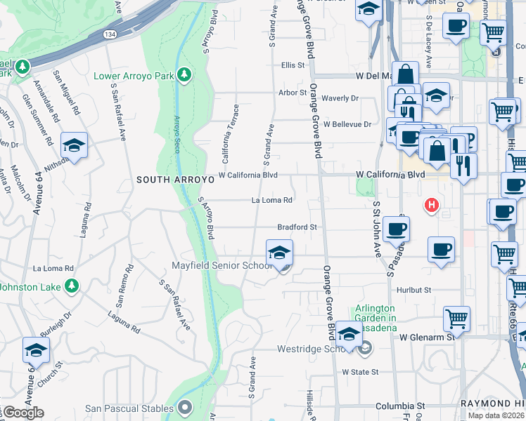 map of restaurants, bars, coffee shops, grocery stores, and more near 692 South Grand Avenue in Pasadena