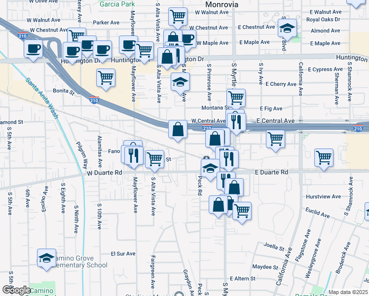 map of restaurants, bars, coffee shops, grocery stores, and more near 1633 South Magnolia Avenue in Monrovia