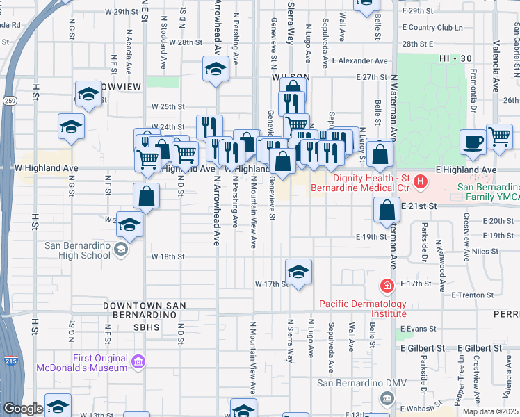map of restaurants, bars, coffee shops, grocery stores, and more near 2095 North Mountain View Avenue in San Bernardino