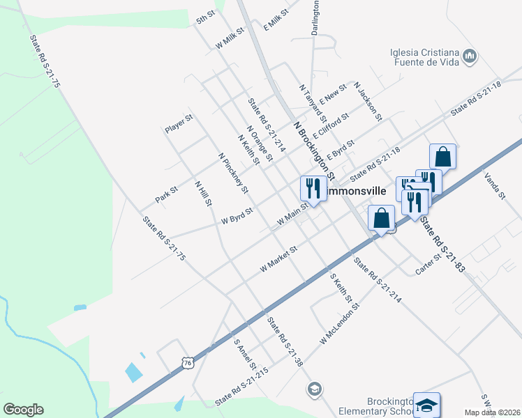 map of restaurants, bars, coffee shops, grocery stores, and more near 212 West Byrd Street in Timmonsville