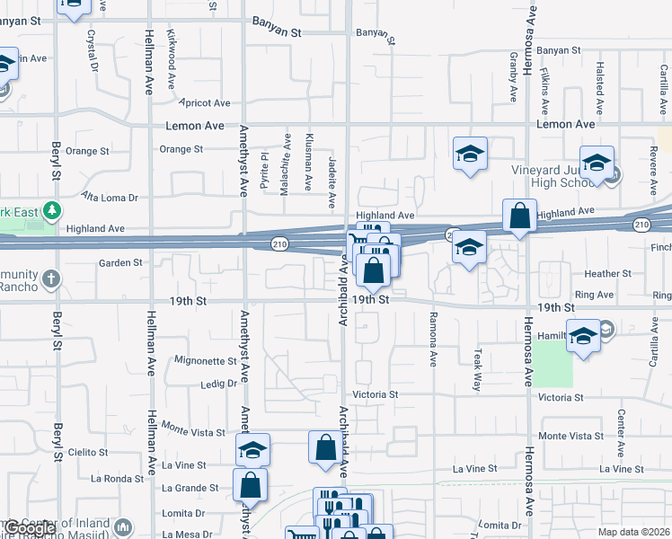 map of restaurants, bars, coffee shops, grocery stores, and more near 9686 Beacon Pointe Drive in Rancho Cucamonga