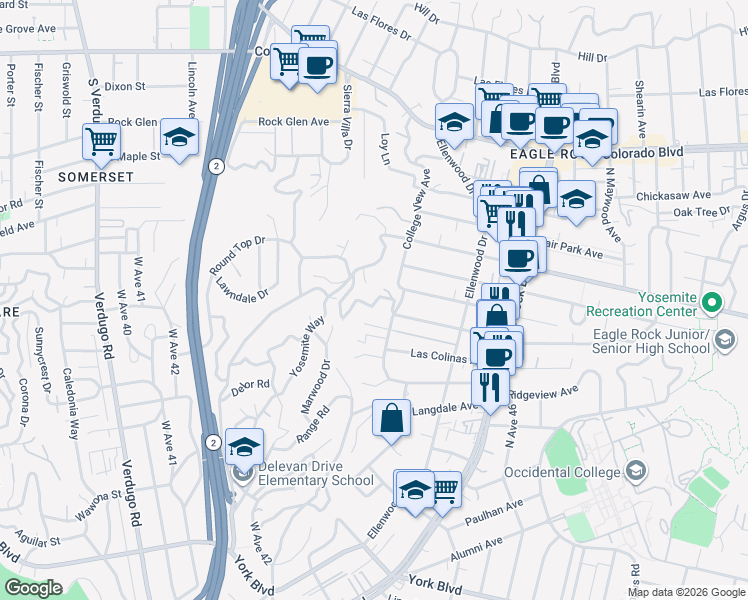 map of restaurants, bars, coffee shops, grocery stores, and more near 2447 Norwalk Avenue in Los Angeles