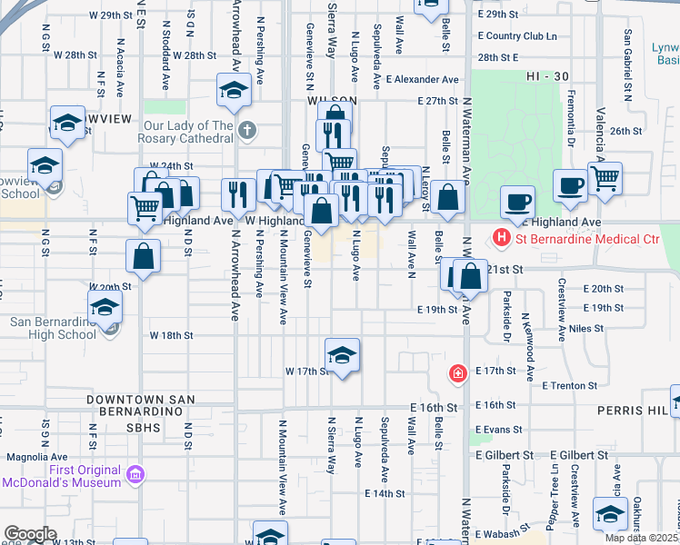 map of restaurants, bars, coffee shops, grocery stores, and more near 2097 North Sierra Way in San Bernardino