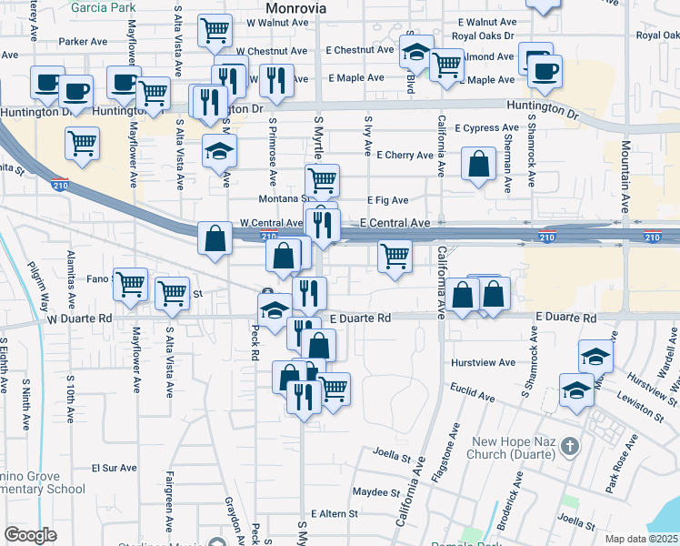 map of restaurants, bars, coffee shops, grocery stores, and more near 1602 South Myrtle Avenue in Monrovia