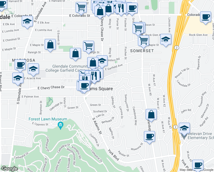 map of restaurants, bars, coffee shops, grocery stores, and more near 1037 Marion Drive in Glendale