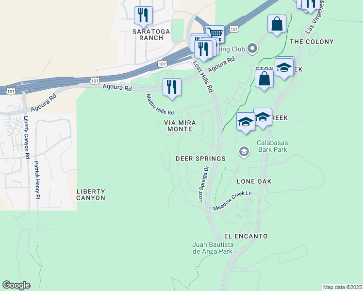 map of restaurants, bars, coffee shops, grocery stores, and more near 26933 Lost Oak Court in Agoura Hills
