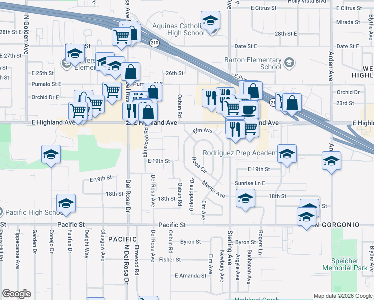map of restaurants, bars, coffee shops, grocery stores, and more near 6605 Merito Avenue in San Bernardino