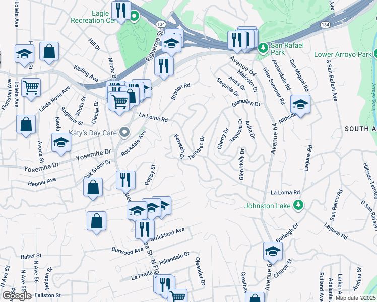 map of restaurants, bars, coffee shops, grocery stores, and more near 1726 La Loma Road in Pasadena