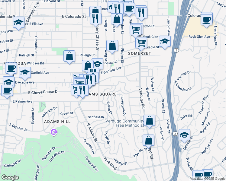 map of restaurants, bars, coffee shops, grocery stores, and more near 1019 Oberlin Drive in Glendale