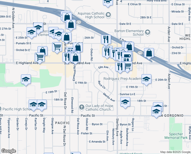 map of restaurants, bars, coffee shops, grocery stores, and more near 6605 Merito Avenue in San Bernardino