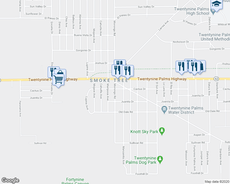 map of restaurants, bars, coffee shops, grocery stores, and more near 6567 Morongo Road in Twentynine Palms