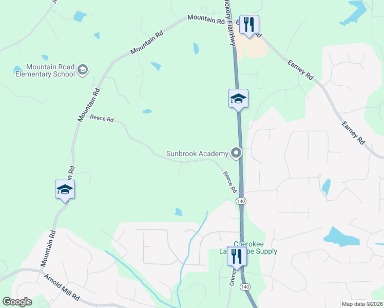 map of restaurants, bars, coffee shops, grocery stores, and more near 1336 Reece Road in Woodstock