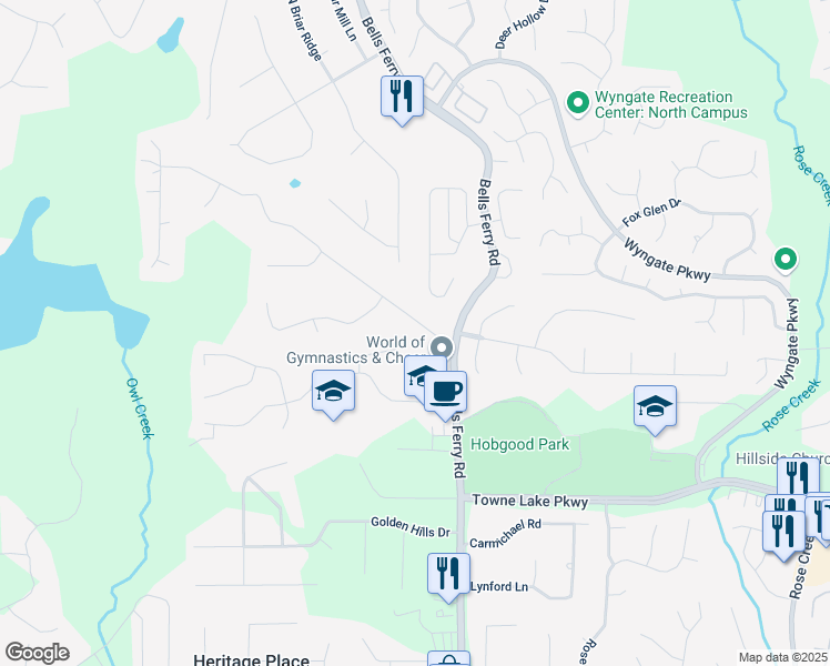 map of restaurants, bars, coffee shops, grocery stores, and more near 107 Dockside Downs Road in Woodstock