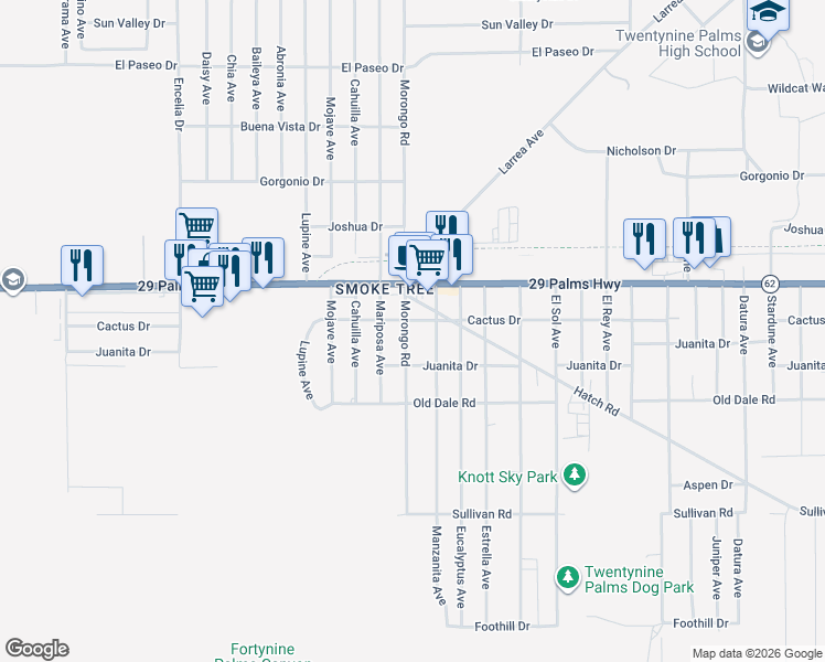 map of restaurants, bars, coffee shops, grocery stores, and more near 6580 Morongo Road in Twentynine Palms