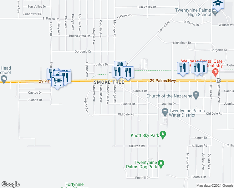 map of restaurants, bars, coffee shops, grocery stores, and more near 6565 Morongo Road in Twentynine Palms