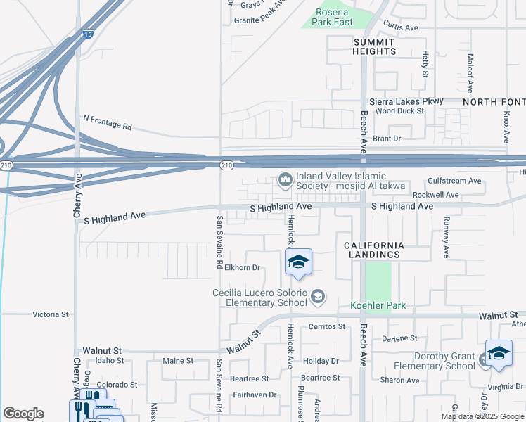 map of restaurants, bars, coffee shops, grocery stores, and more near 45 South Highland Avenue in Fontana