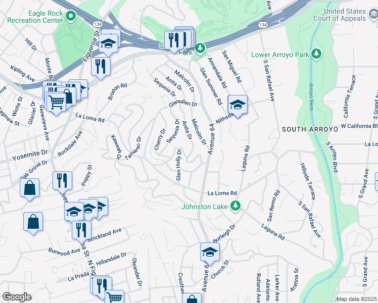 map of restaurants, bars, coffee shops, grocery stores, and more near 425 Anita Drive in Pasadena
