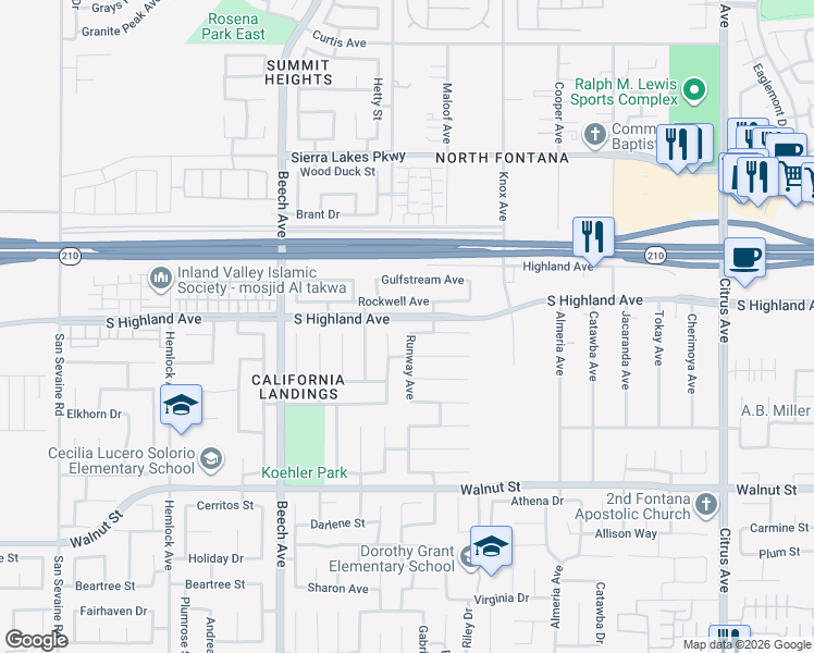 map of restaurants, bars, coffee shops, grocery stores, and more near 15532 Skylark Avenue in Fontana