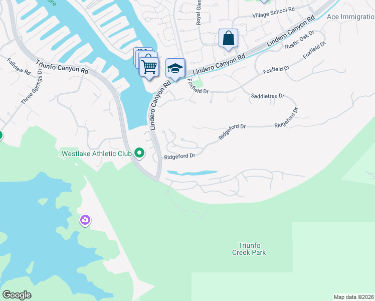 map of restaurants, bars, coffee shops, grocery stores, and more near 32120 Canyon Ridge Drive in Westlake Village