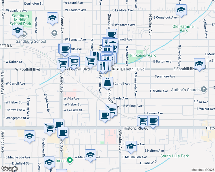map of restaurants, bars, coffee shops, grocery stores, and more near 203B South Glendora Avenue in Glendora