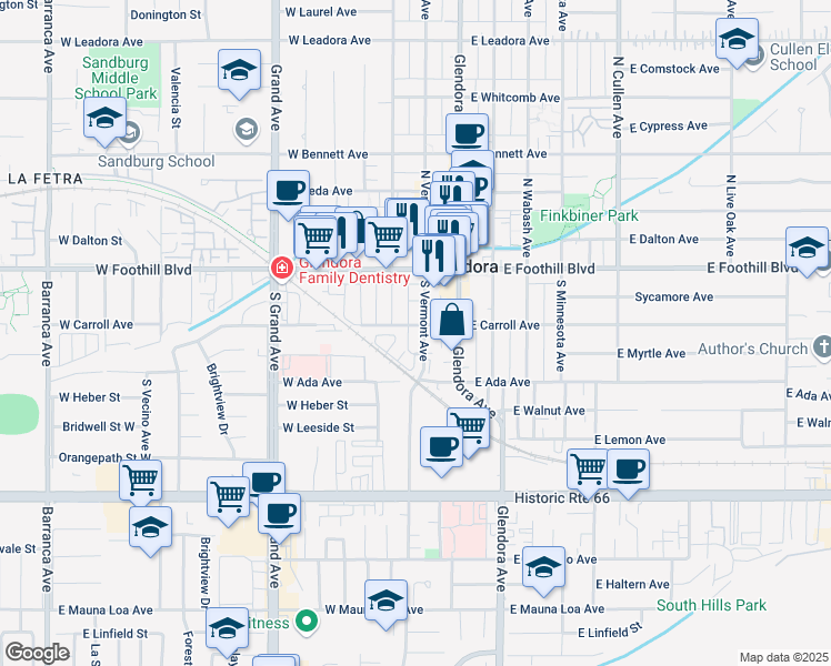 map of restaurants, bars, coffee shops, grocery stores, and more near 205 South Vermont Avenue in Glendora