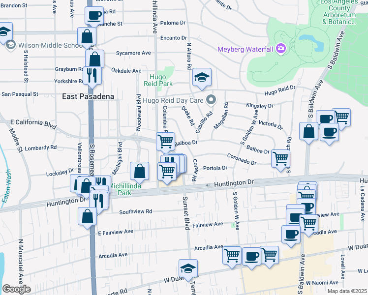 map of restaurants, bars, coffee shops, grocery stores, and more near 607 Cortez Road in Arcadia