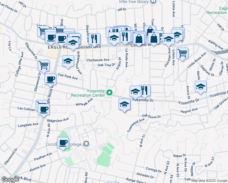 map of restaurants, bars, coffee shops, grocery stores, and more near 4815 La Roda Avenue in Los Angeles