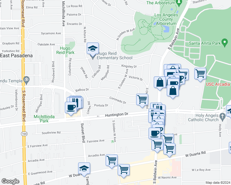 map of restaurants, bars, coffee shops, grocery stores, and more near 900 Balboa Drive in Arcadia