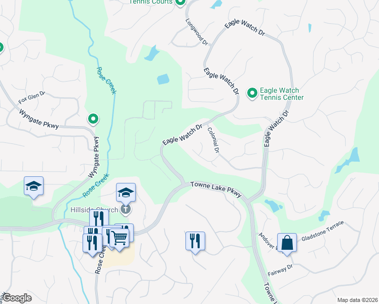 map of restaurants, bars, coffee shops, grocery stores, and more near 1517 Mosswood Lane in Woodstock