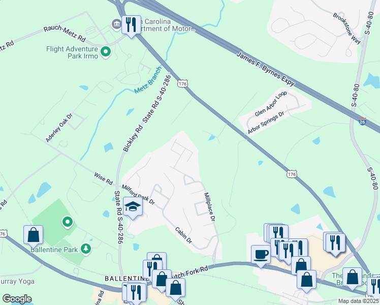 map of restaurants, bars, coffee shops, grocery stores, and more near 2 Woodhouse Court in Irmo