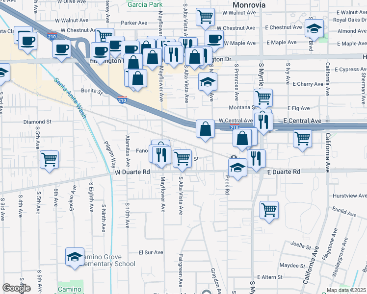 map of restaurants, bars, coffee shops, grocery stores, and more near 335 Genoa Street in Monrovia